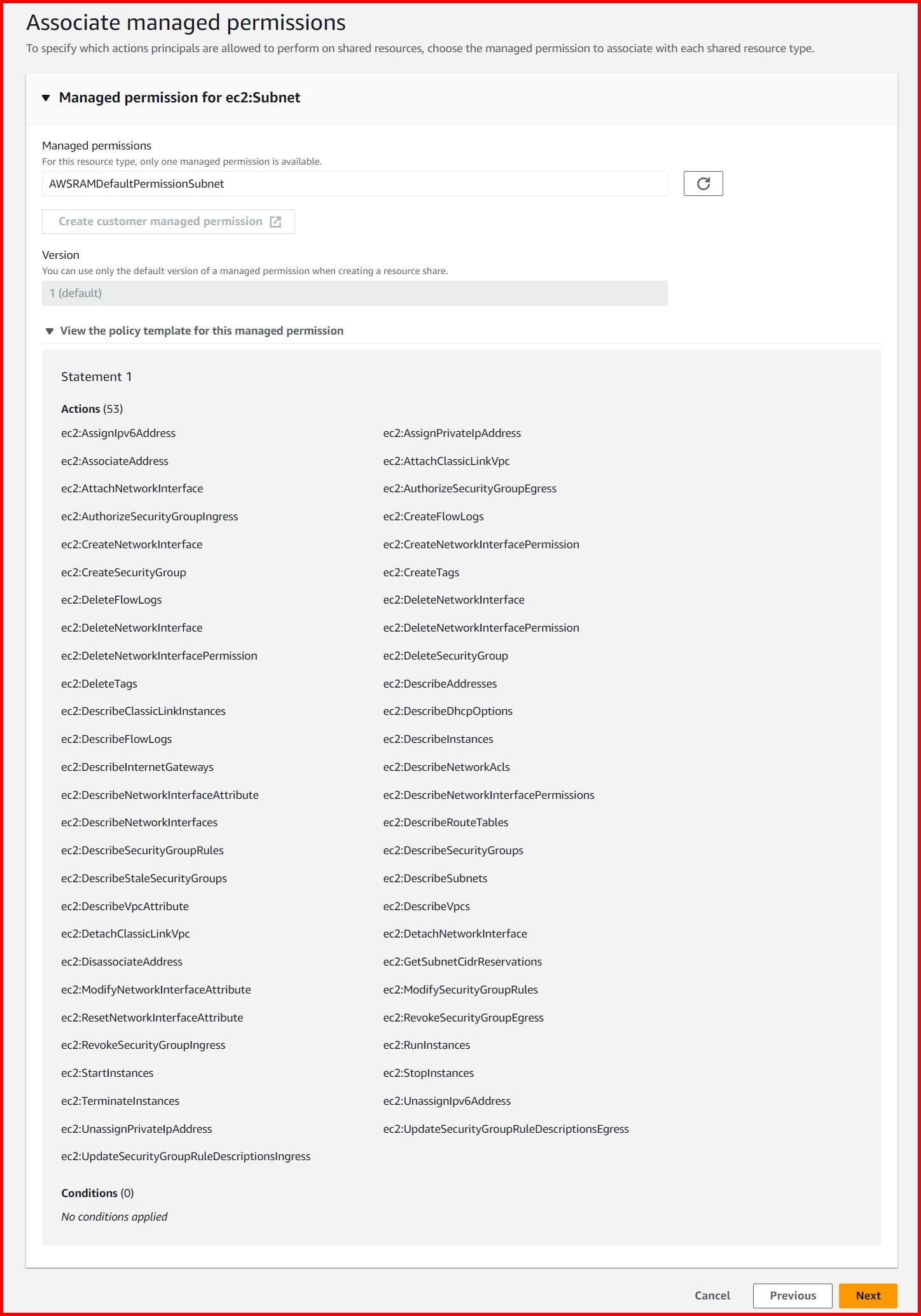 Picture showing the managed permissions on EC2 subnet